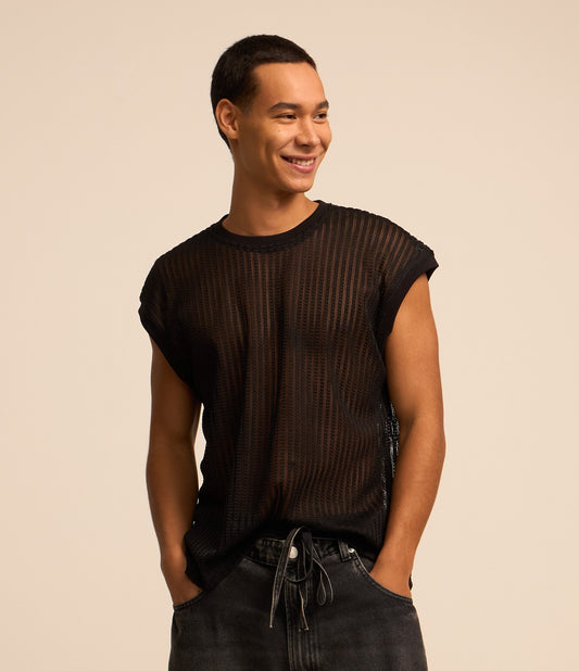 Canotta nera con texture a contrasto e scollo rotondo