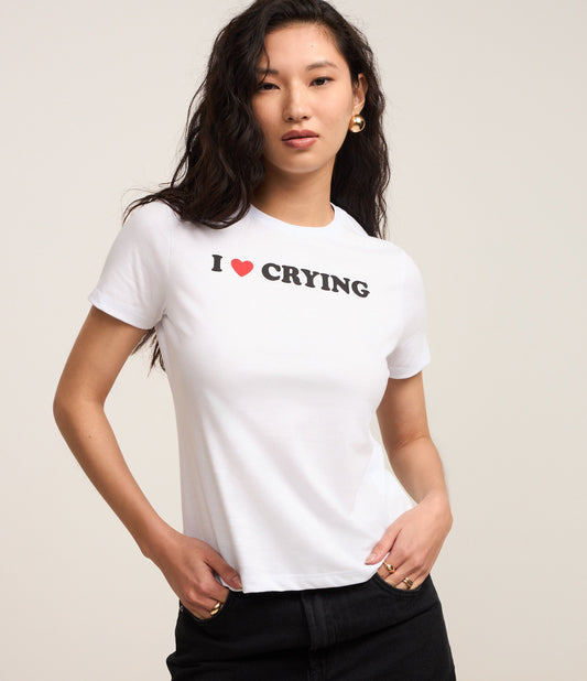 White Cotton Baby Look Blouse with "I Love Crying" Lettering
