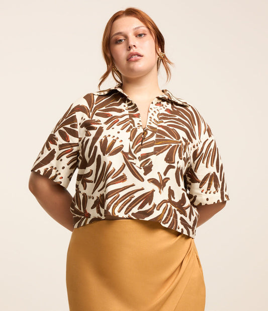 Camicetta in misto lino con stampa a foglie e bottoni, Curve e taglie forti, beige/marrone