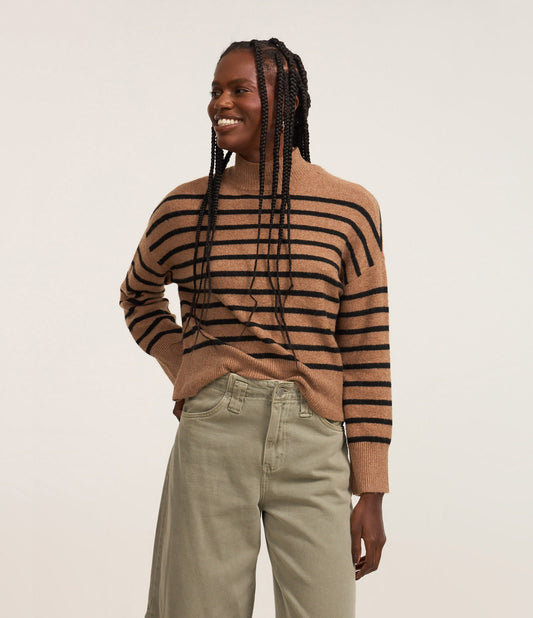 Suéter de Malha Leve Listrado Slim com Gola Alta em Caramelo/Preto