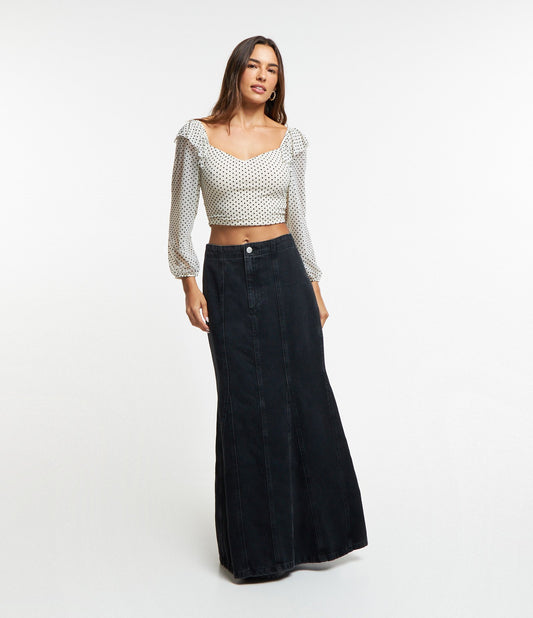 Saia jeans longa com costura preta