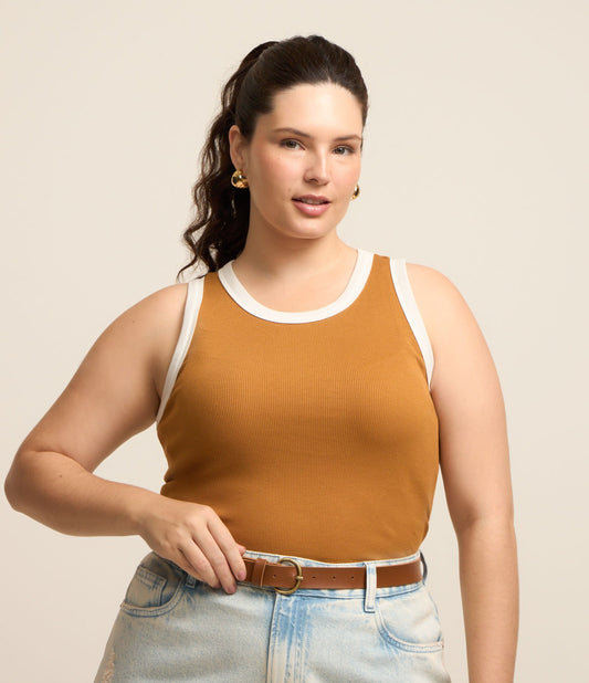 Canotta a coste con dettaglio a contrasto Curve & Plus Size Caramello