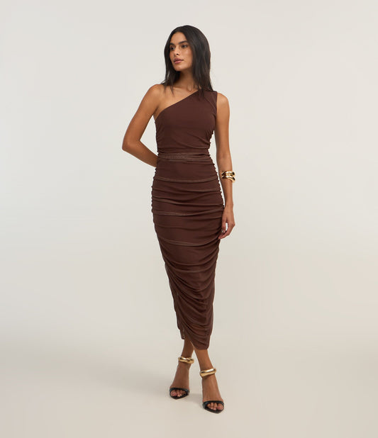 New Midi One-Shoulder Dress in Brown Ruched Tulle
