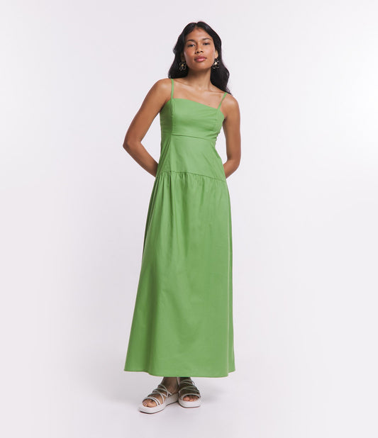 New Green Midi Dress in Tricoline with Smocked Back