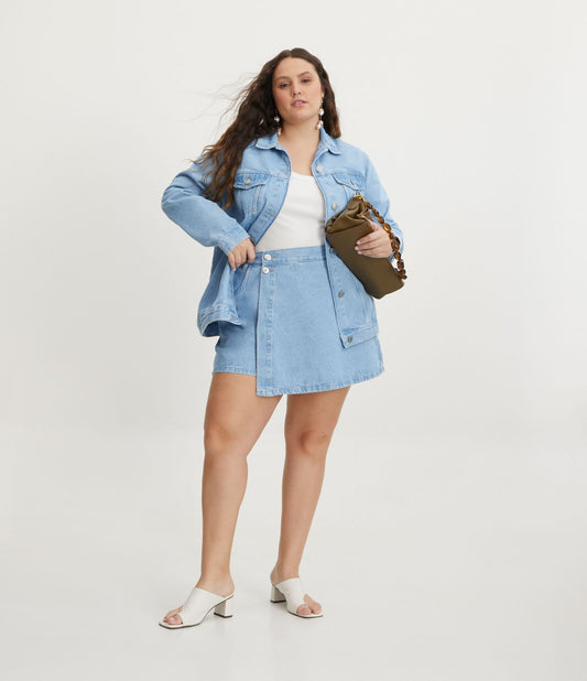Falda vaquera corta con botones y diseño superpuesto, Curvas y tallas grandes, Azul