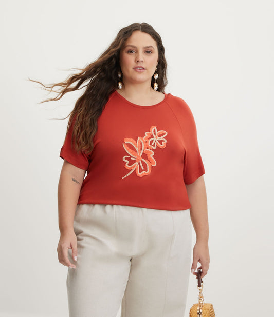 Suéter de malha laranja com flor de chenille bordada, Curve e Plus Size