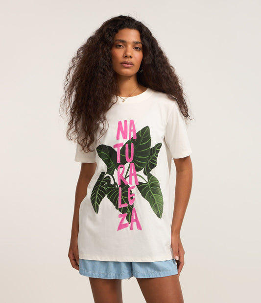 Camiseta Branca de Algodão com Estampa de Natureza