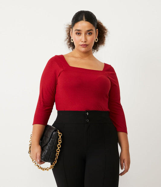Blusa canelada com mangas 3/4 e decote quadrado, Curve & Plus Size, vermelho
