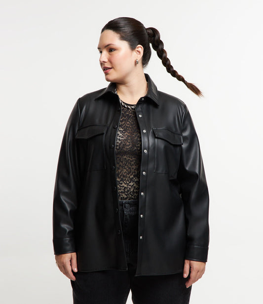 Black Synthetic Material Shirt with Snap Buttons - Curve & Plus Size