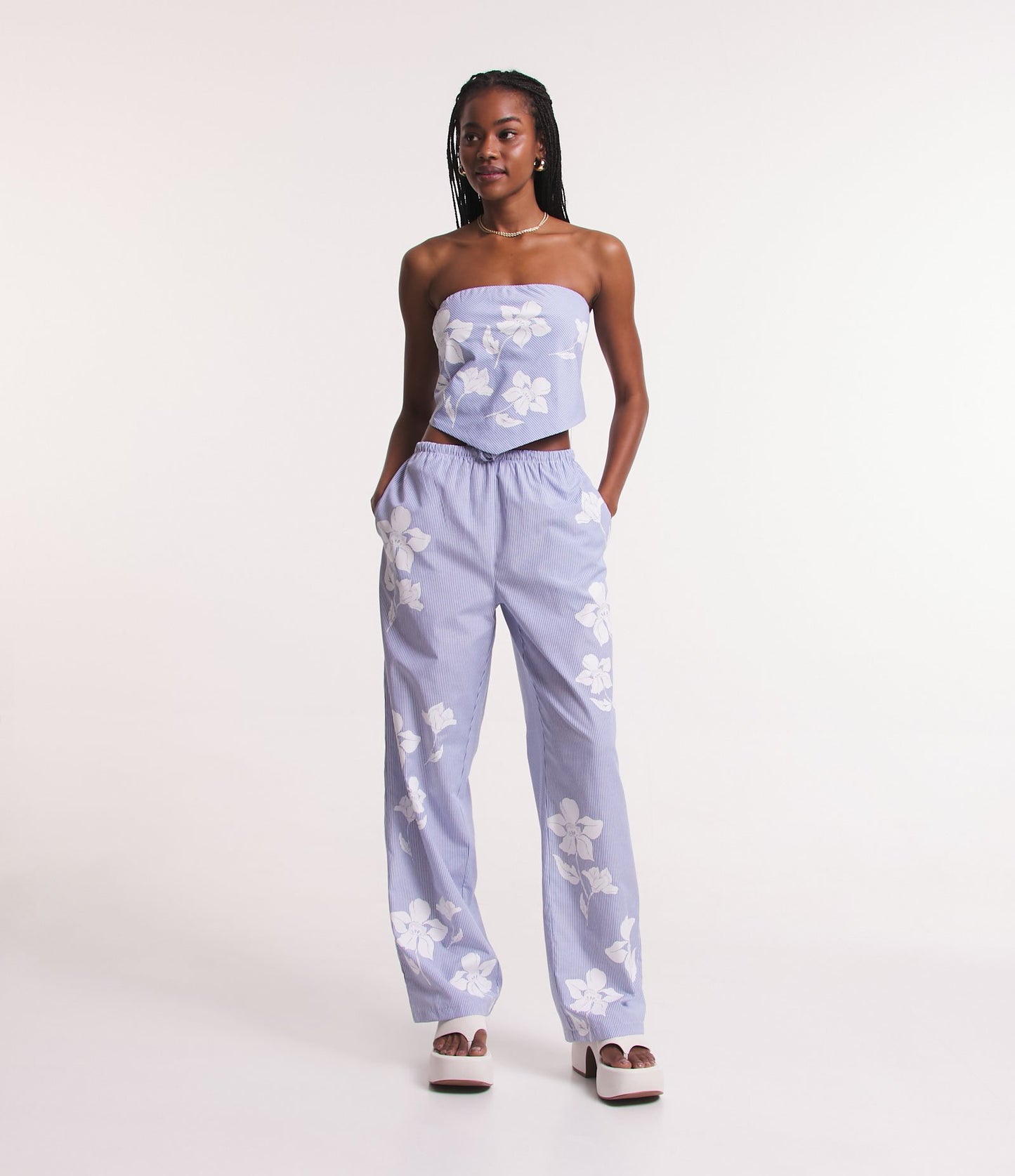 Striped Tricoline Palazzo Pants with Blue Floral Print
