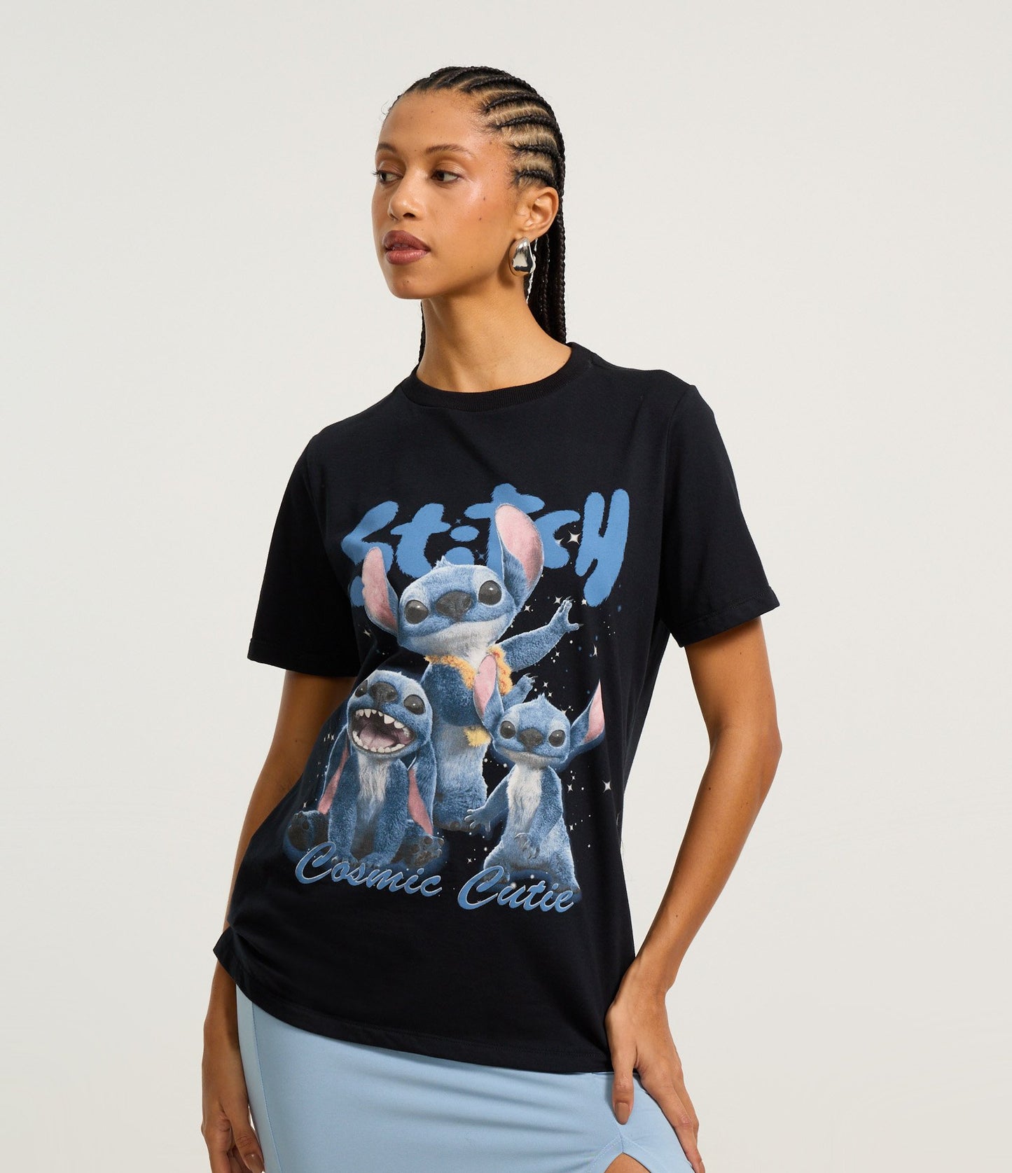 Black Cotton T-Shirt with Cosmic Stitch Cute Print