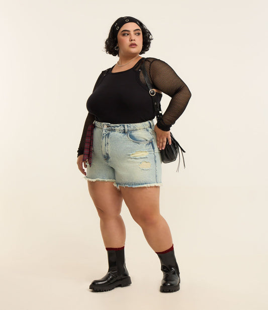 Jeans corti boyfriend con dettagli distressed e sciarpa, Curve e taglie forti, blu