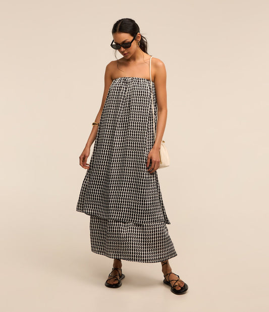 Strapless Layered Chiffon Dress with Dark Gray/White Geometric Print