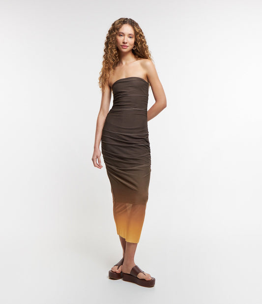 Novo vestido midi marrom drapeado em tule gradiente