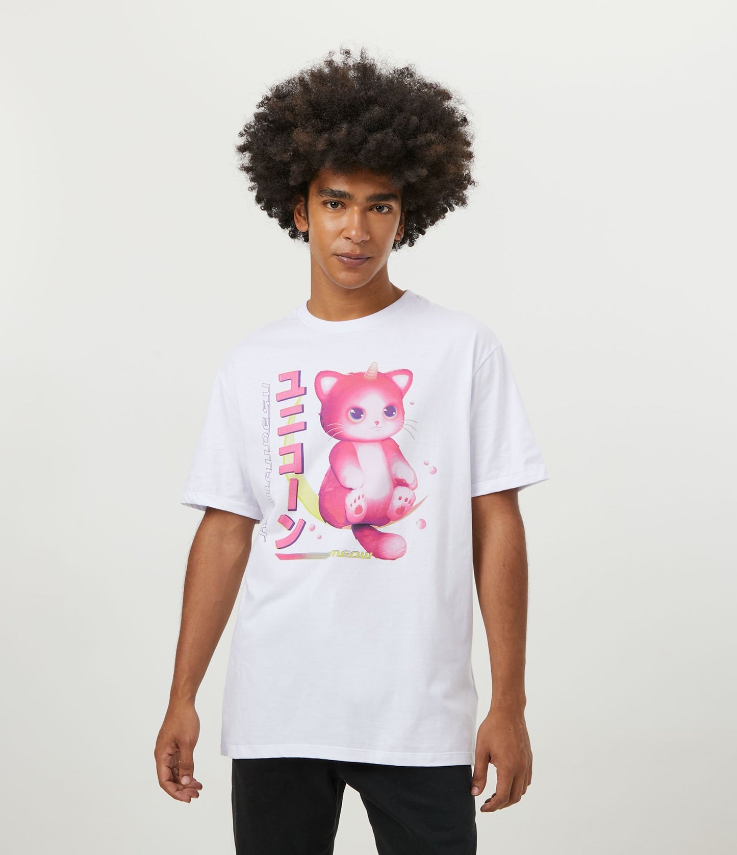 Short Sleeve T-Shirt in White Knit Fabric with "Meow" Print