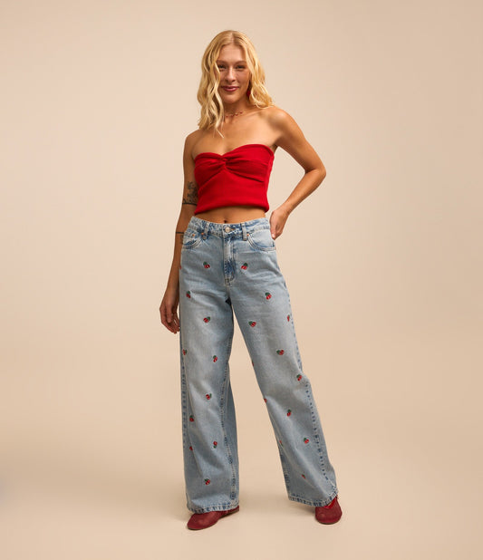 Jeans de perna larga com bordado Blue Cherry