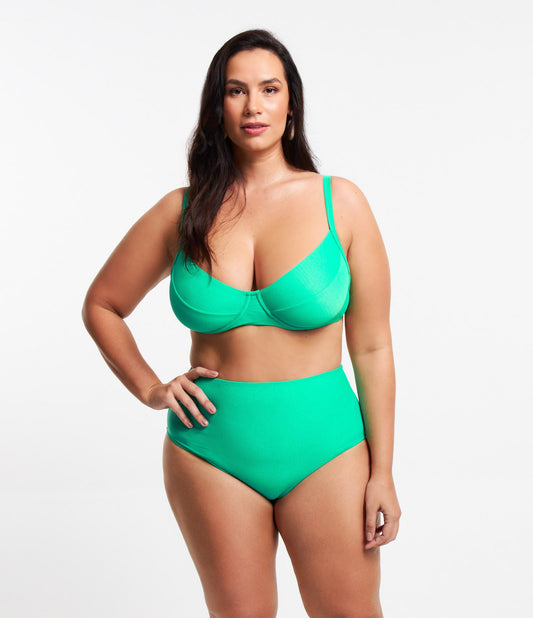 Braguita de bikini de cintura alta de poliamida texturizada en verde - Curvas y tallas grandes