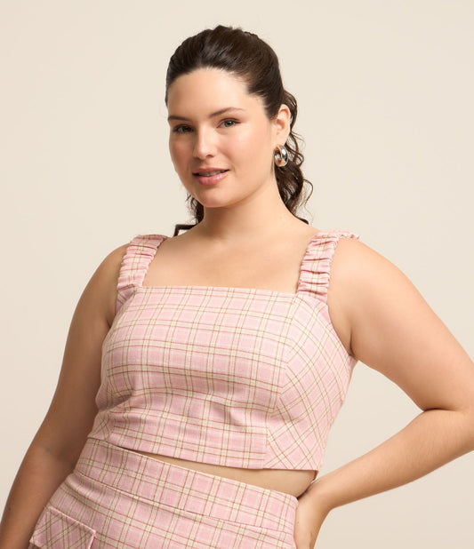 Top cropped in tweed a quadri rosa - Curve e taglie forti