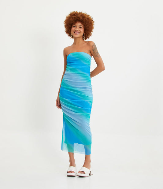 New Midi Dress in Tulle with Draped Detail and Blue/Green Gradient Print