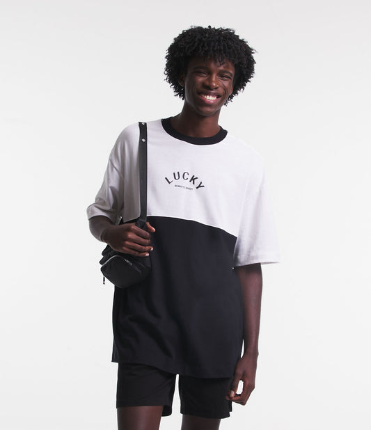Oversized Cotton T-Shirt with "Lucky" Lettering and Black/White Contrast Trim