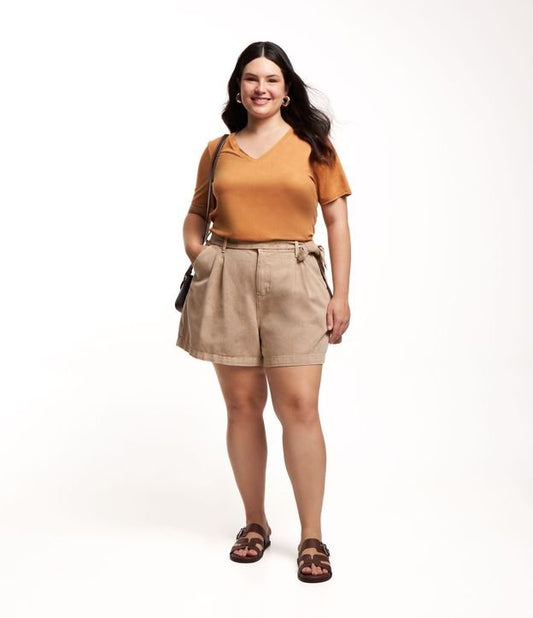 Printed A-line Twill Skirt with Belt - Curve & Plus Size Beige
