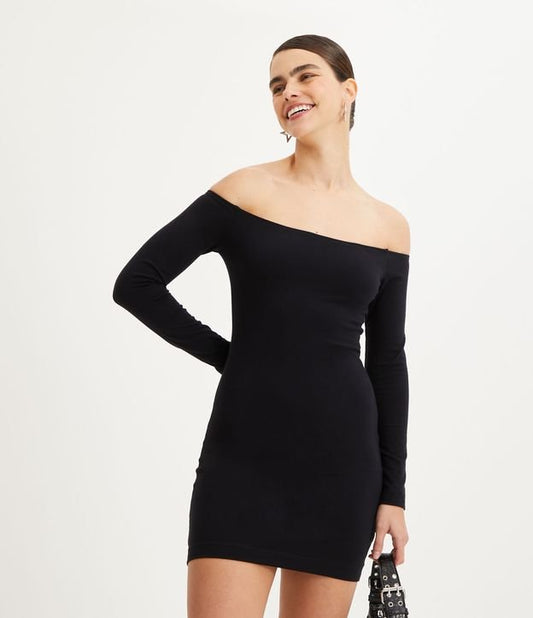 Vestito corto nero off-the-shoulder in tessuto a maglia