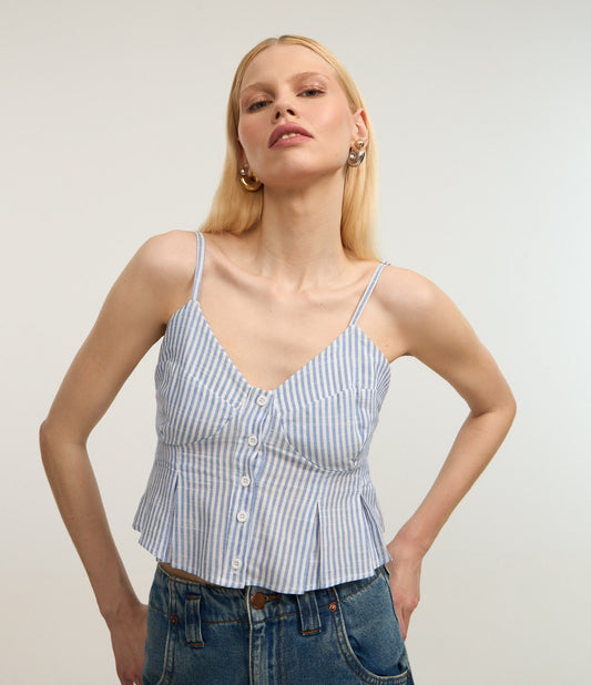 Viscose Slub Blouse with Buttons and Blue Stripes