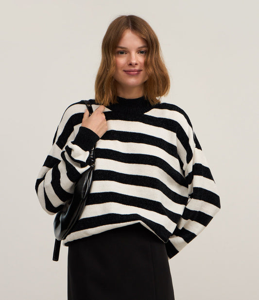 Striped Chenille Sweater with High Collar in Black/White