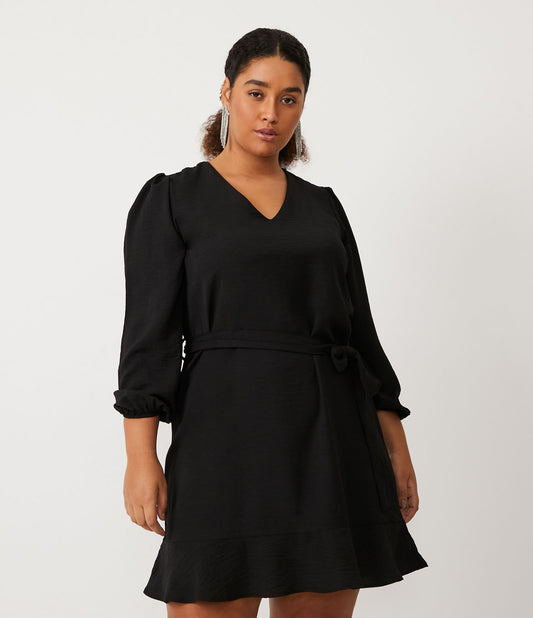 Vestito corto Basic in crepe con laccetto in vita, Curve e taglie forti, nero