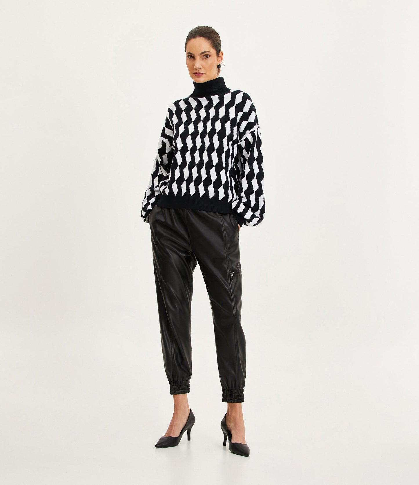 Black PU Jogger Pants with Elastic Waistband and Side Pocket