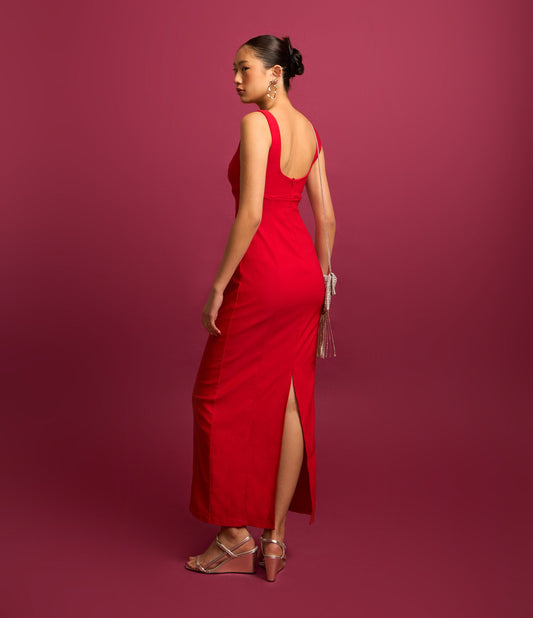 Vestido midi bodycon vermelho com gola quadrada em tecido bengaline