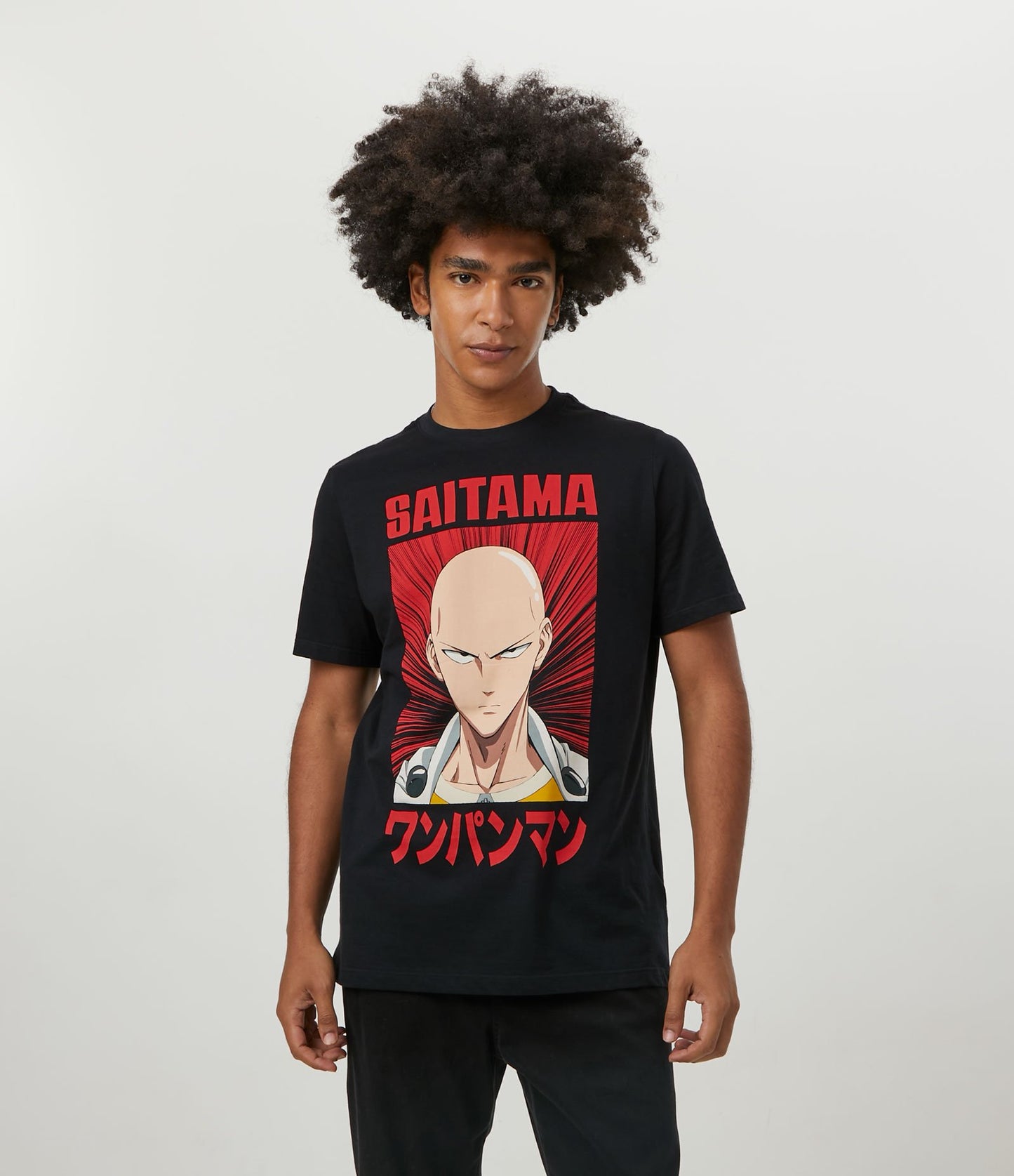 Camiseta de manga curta em meia malha com estampa Saitama preta