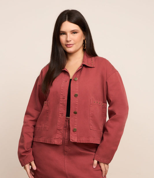 Giacca overhirt in twill rosso con borchie - Curve e taglie forti
