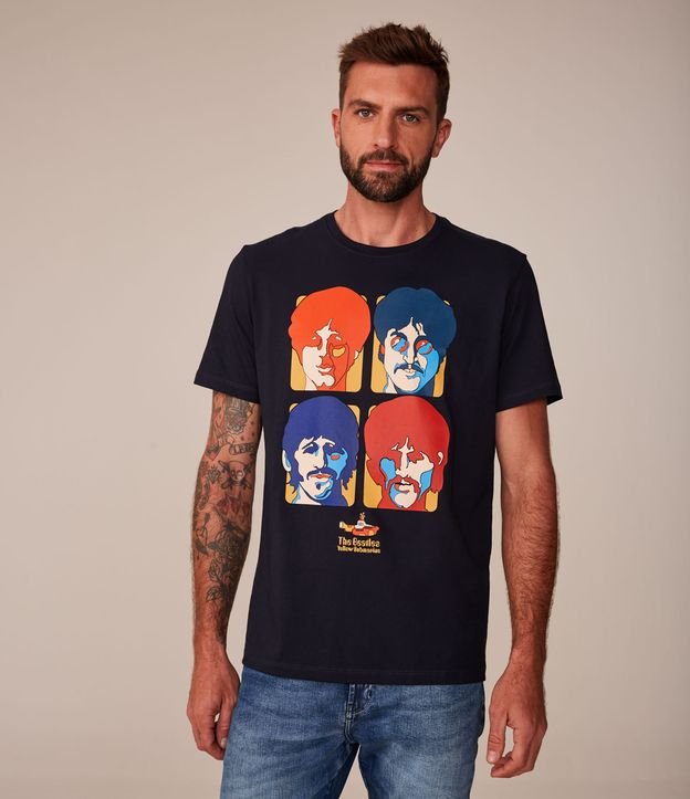 Blue Short-Sleeve Cotton T-Shirt with The Beatles Print