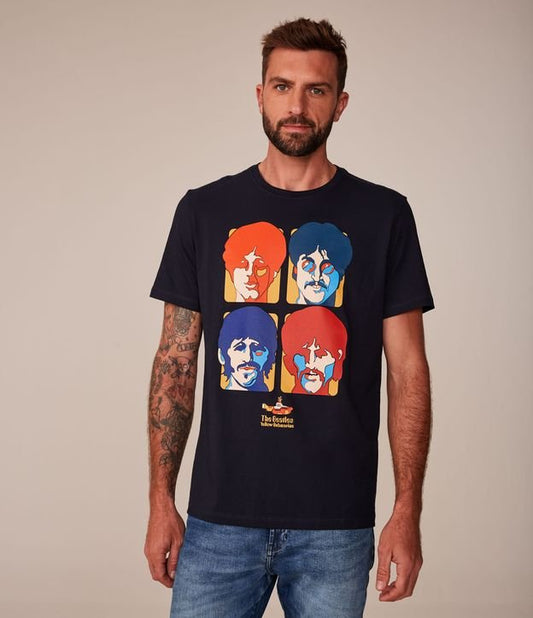 Camiseta azul de manga curta de algodão com estampa dos Beatles