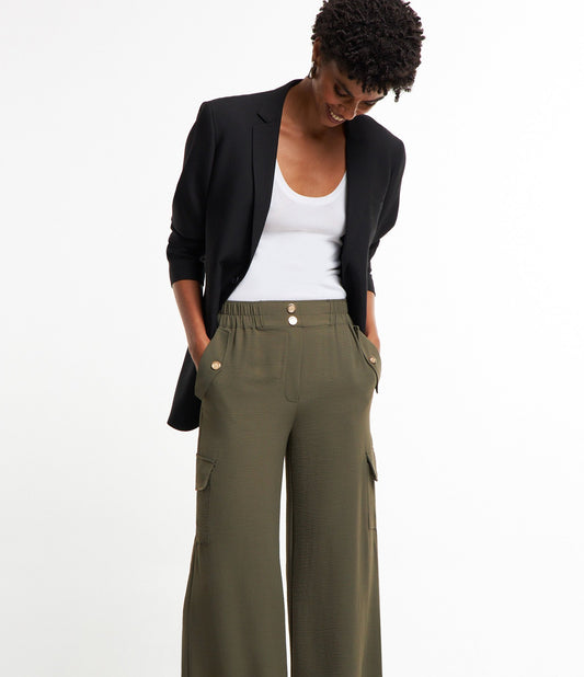Olive Green Cargo Pants with Elastic Back Waistband and Side Pockets