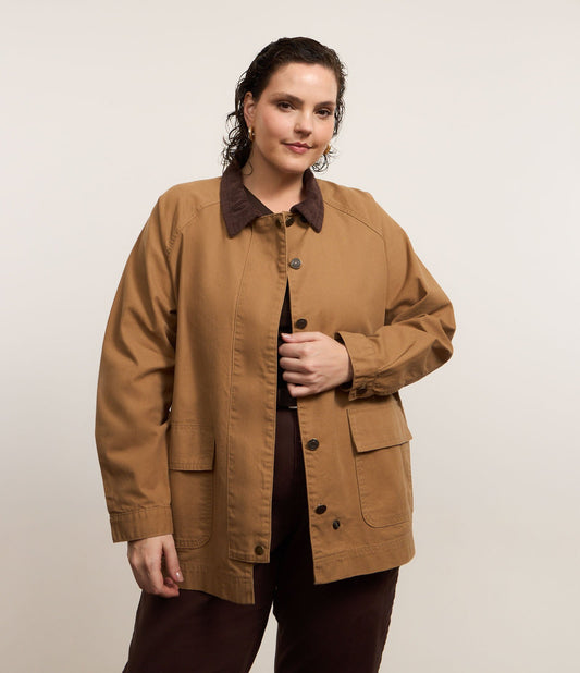 Giacca in velluto a coste marrone con colletto in twill Curve e taglie forti