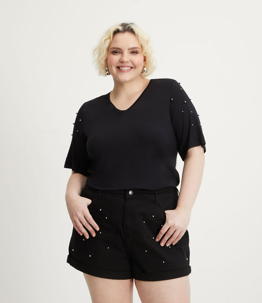 Blusa longa de viscose com mangas cravejadas, Curve & Plus Size, preta