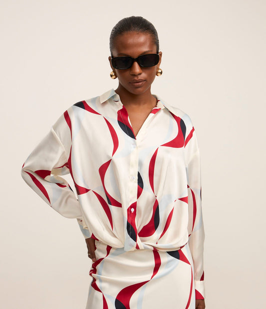 White Satin Shirt with Twist and Geometric Print