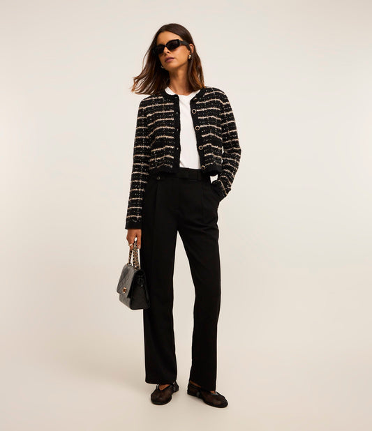 Wide-Leg Tailored Crepe Pants with Black Lapel Detail