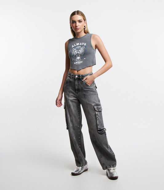 Gray Cargo Jeans with Pockets and Buttoned Cuff Belt