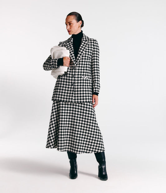 Black Houndstooth Tweed A-line Midi Skirt