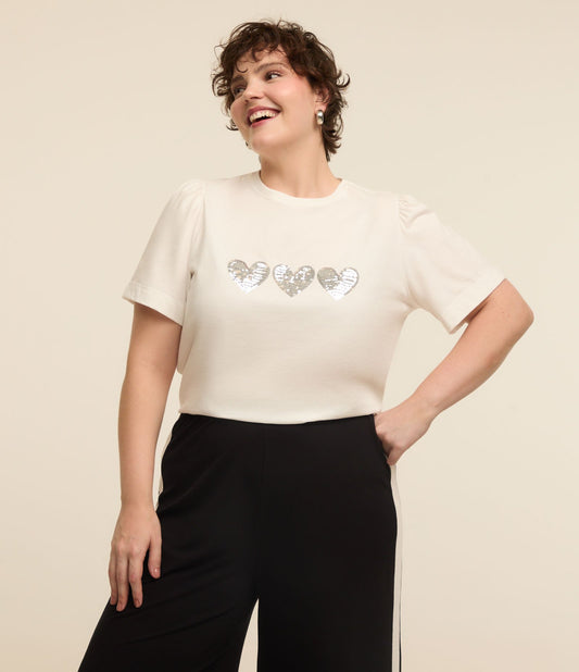 Blusa de algodão com mangas bufantes e corações de lantejoulas, Curve & Plus Size, branco