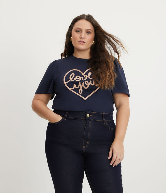 Blusa azul-marinho em meia malha com mangas bufantes e bordado "Love You" - Curve e Plus Size