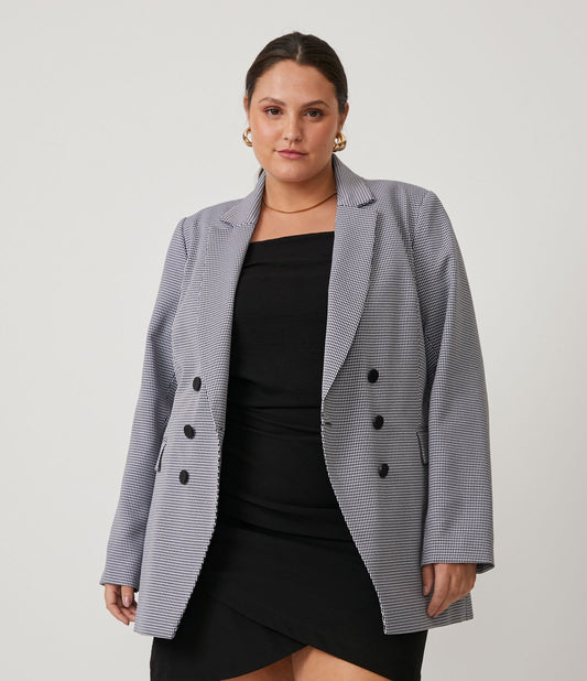 Blazer longo de crepe com estampa Houndstooth, Curve & Plus Size, preto