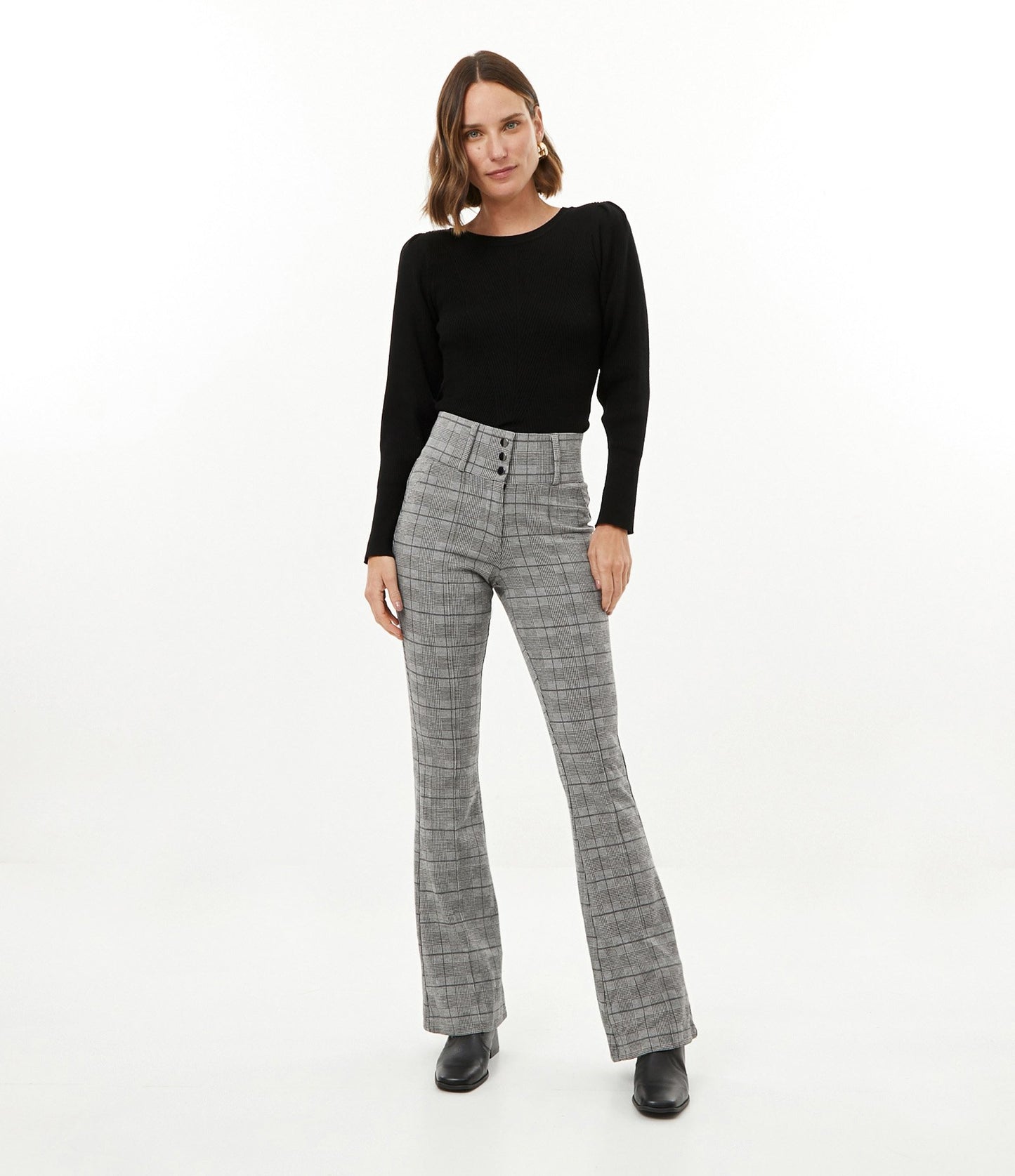 Calça Flare xadrez preta em malha Roma