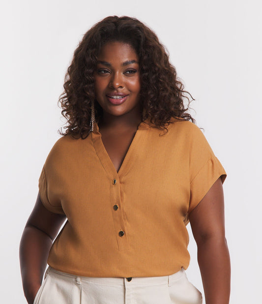 Blusa de Lino con Cuello en V y Botones, Curvas y Tallas Grandes, Amarillo