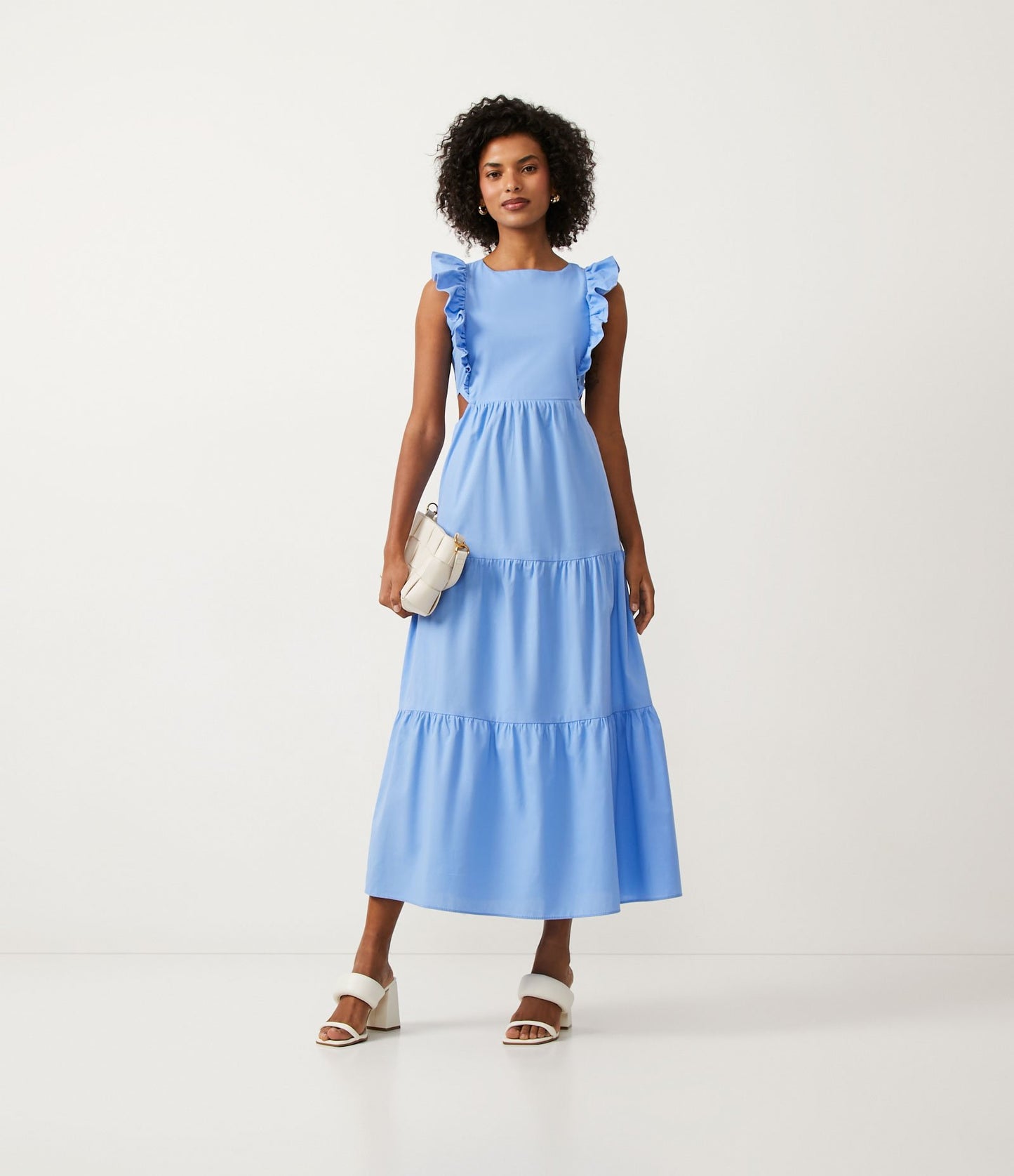 Vestito midi in tricolore blu con maniche a balze