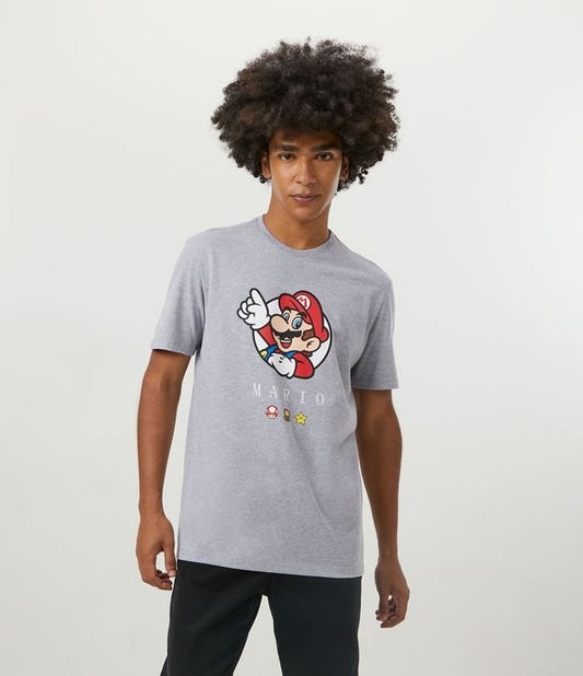 Gray Super Mario Print T-Shirt in Soft Knit Fabric