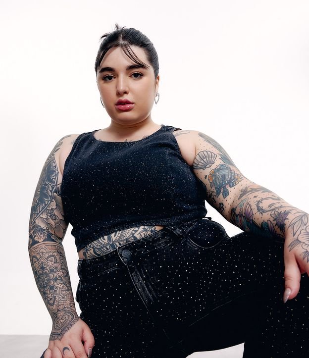 Top jeans sem mangas com brilhos e zíper, Curve & Plus Size, preto